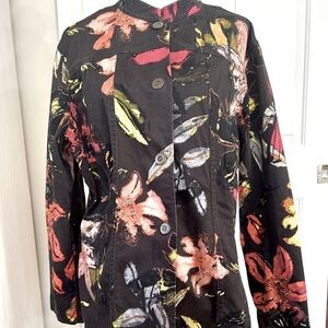 Chico’s Additions Black Floral Button Up Jacket Size 3